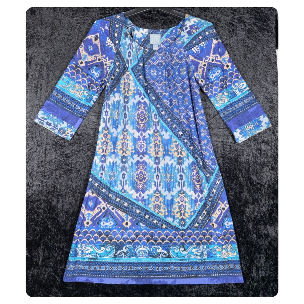 Rabbit Rabbit Rabbit Petite Blue Ikat Patchwork V-Neck 3/4 Sleeve Dress Size 12 - Picture 2 of 8